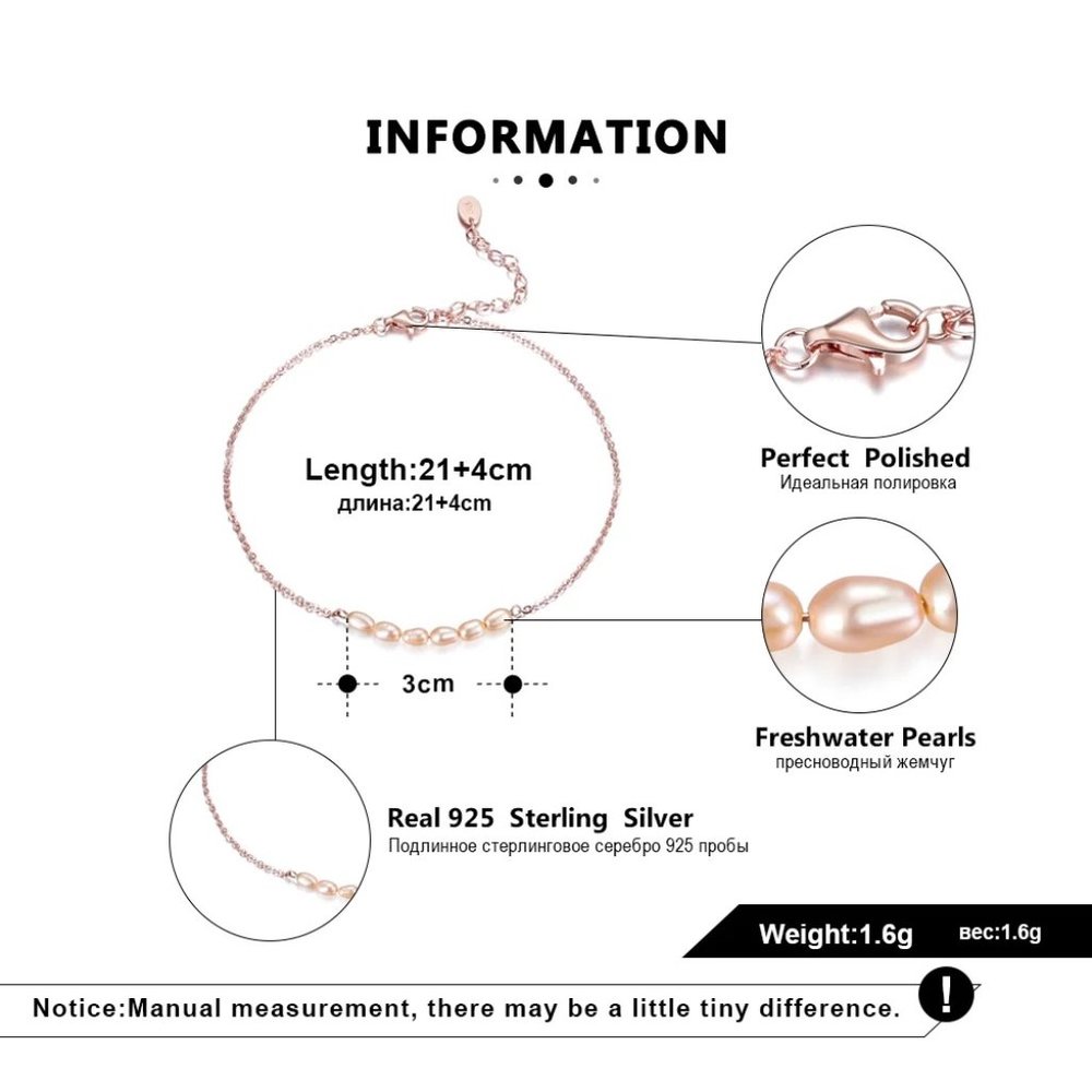 925 Rose Gold Pearl Bracelet Anklet 8'' - Picture 5 of 11